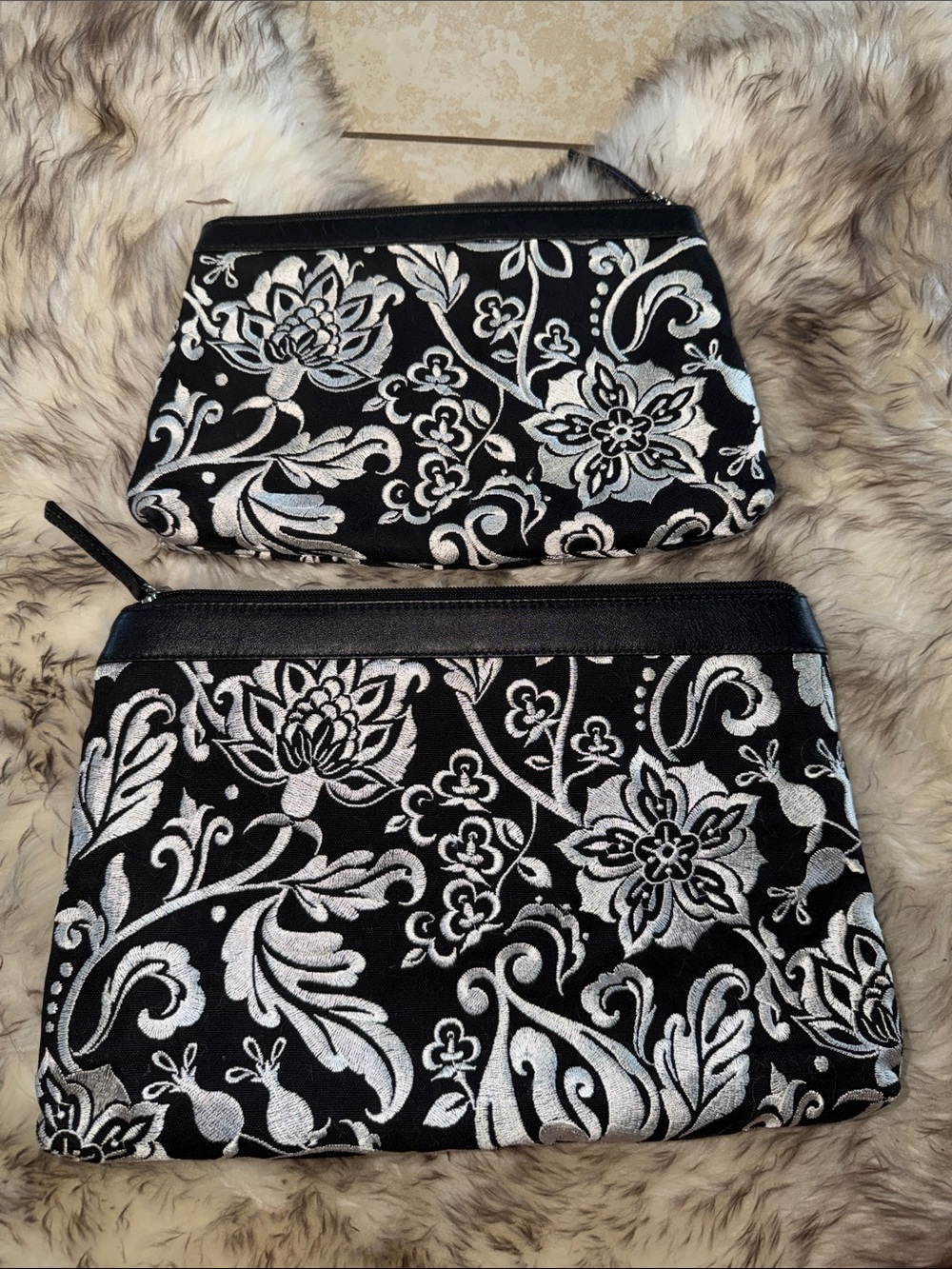 Nordstrom leather embroidered 2 piece clutch set purse zipper bag black white